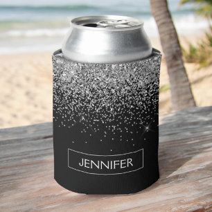 Silver Black Glitter Girly Monogram Name Can Cooler