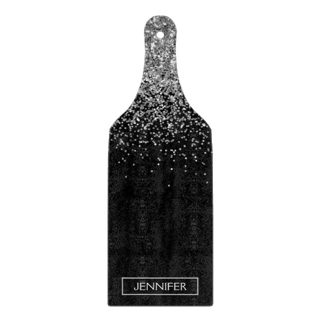 Silver Black Glitter Girly Monogram Name Cutting Board (Front)