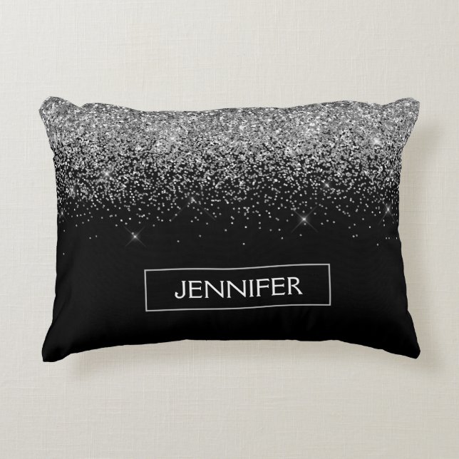 Silver Black Glitter Girly Monogram Name Decorative Cushion (Front)