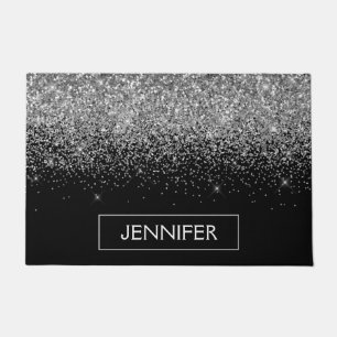 Silver Black Glitter Girly Monogram Name Doormat