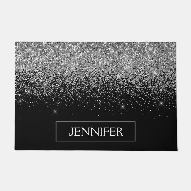 Silver Black Glitter Girly Monogram Name Doormat (Front)