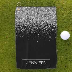 Silver Black Glitter Girly Monogram Name Golf Towel