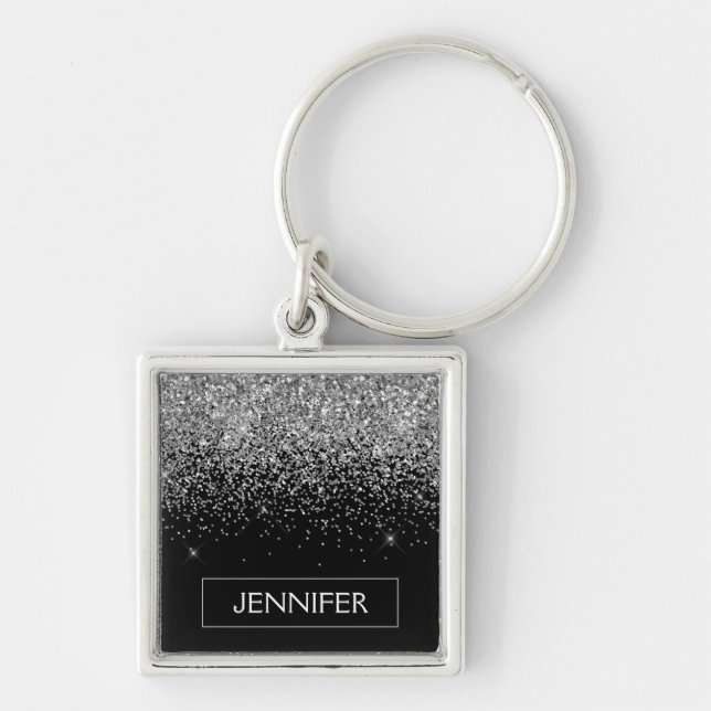 Silver Black Glitter Girly Monogram Name Key Ring (Front)