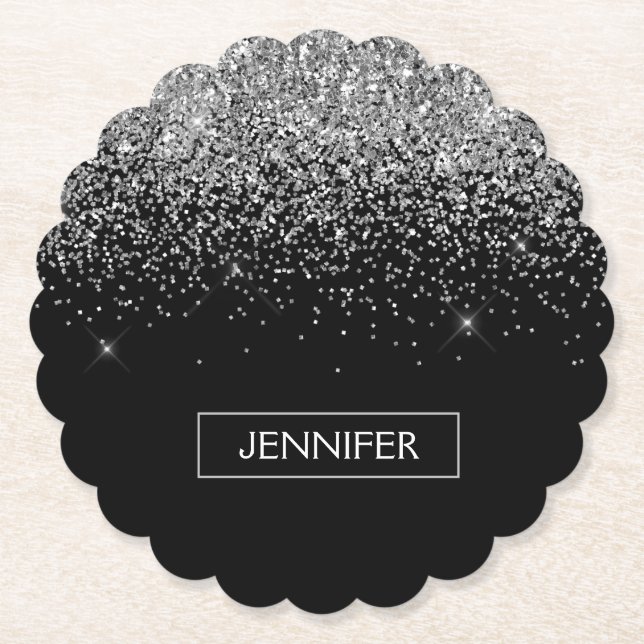 Silver Black Glitter Girly Monogram Name Paper Coaster (Front)