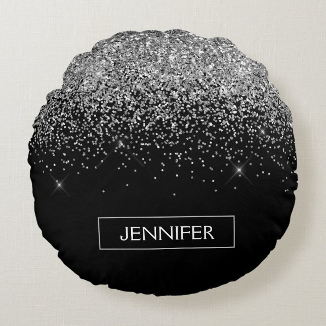 Silver Black Glitter Girly Monogram Name Round Cushion (Front)