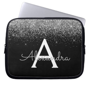 Silver Black Glitter Glam Chic Monogram Laptop Sleeve