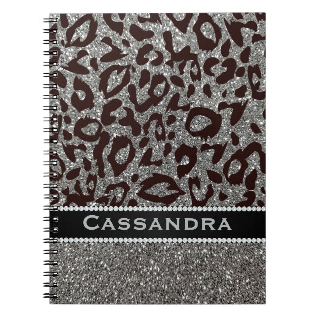 Silver & Black Glitter Leopard Print Diamonds Name Notebook (Front)