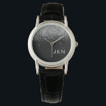 Silver Black Glitter Monogram Girly Name Initials<br><div class="desc">Black and Silver Sparkle Glitter Monogram Name Watch. This makes the perfect graduation,  birthday,  wedding,  bridal shower,  anniversary,  baby shower or bachelorette party gift for someone that loves glam luxury and chic styles.</div>