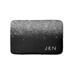 Silver Black Glitter Monogram Girly Name Initials Bath Mat