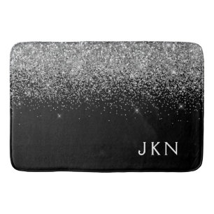 Silver Black Glitter Monogram Girly Name Initials Bath Mat