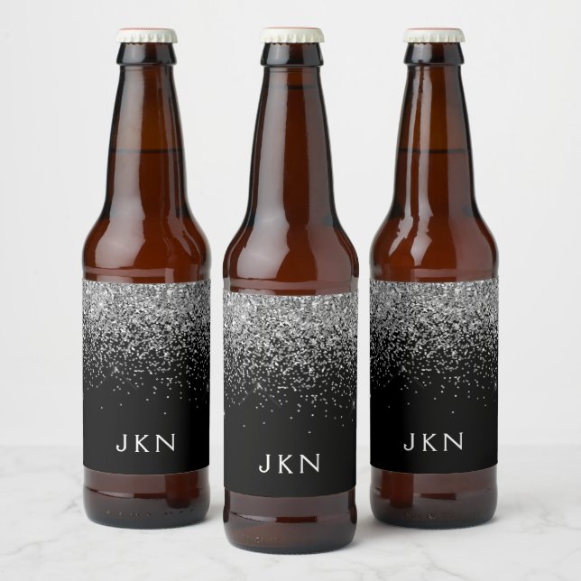 Silver Black Glitter Monogram Girly Name Initials Beer Bottle Label (Bottles)