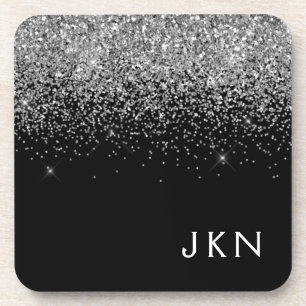 Silver Black Glitter Monogram Girly Name Initials Coaster