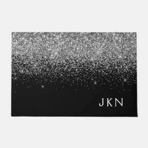 Silver Black Glitter Monogram Girly Name Initials Doormat
