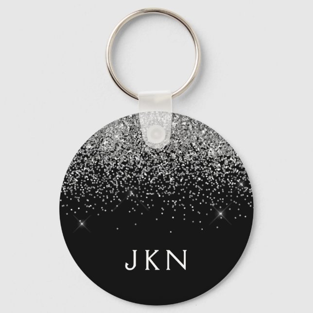 Silver Black Glitter Monogram Girly Name Initials Key Ring (Front)