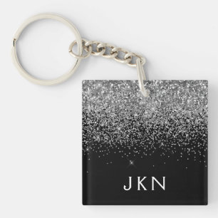Silver Black Glitter Monogram Girly Name Initials Key Ring