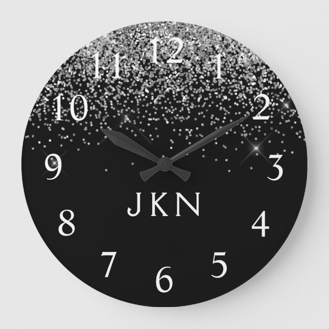 Silver Black Glitter Monogram Girly Name Initials Large Clock (Front)