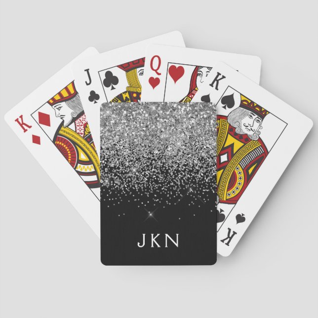 Silver Black Glitter Monogram Girly Name Initials Playing Cards (Back)