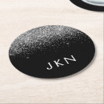 Silver Black Glitter Monogram Girly Name Initials Round Paper Coaster<br><div class="desc">Black and Silver Sparkle Glitter Monogram Name Paper Coasters. This makes the perfect graduation,  birthday,  wedding,  bridal shower,  anniversary,  baby shower or bachelorette party gift for someone that loves glam luxury and chic styles.</div>