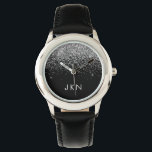 Silver Black Glitter Monogram Girly Name Initials Watch<br><div class="desc">Black and Silver Sparkle Glitter Monogram Name Watch. This makes the perfect sweet 16 birthday,  wedding,  bridal shower,  anniversary,  baby shower or bachelorette party gift for someone that loves glam luxury and chic styles.</div>
