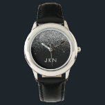 Silver Black Glitter Monogram Girly Name Initials Watch<br><div class="desc">Black and Silver Sparkle Glitter Monogram Name Watch. This makes the perfect sweet 16 birthday,  wedding,  bridal shower,  anniversary,  baby shower or bachelorette party gift for someone that loves glam luxury and chic styles.</div>