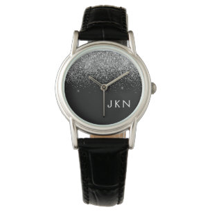 Silver Black Glitter Monogram Girly Name Initials Watch