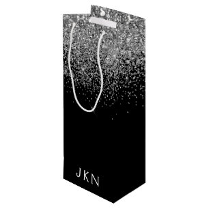 Silver Black Glitter Monogram Girly Name Initials Wine Gift Bag