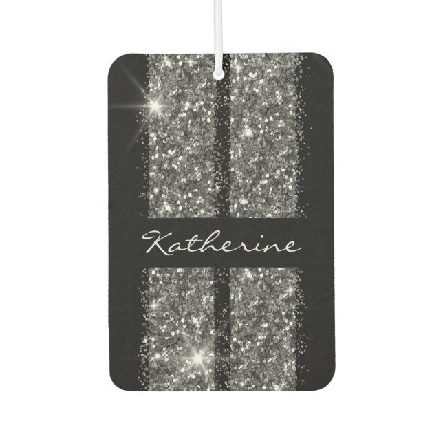 Silver Black Glitter Racing Stripes Monogrammed Car Air Freshener (Front)