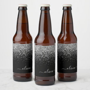 Silver Black Glitter Script Monogram Girly Name Beer Bottle Label