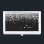 Silver Black Glitter Script Monogram Girly Name Business Card Holder<br><div class="desc">Black and Silver Sparkle Glitter Script Monogram Name Business Card Holder. This makes the perfect sweet 16 birthday,  wedding,  bridal shower,  anniversary,  baby shower or bachelorette party gift for someone that loves glam luxury and chic styles.</div>