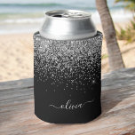 Silver Black Glitter Script Monogram Girly Name Can Cooler<br><div class="desc">Black and Silver Glitter and Sparkle Elegant Birthday or Bachelorette Party Can Coolers. These Wedding,  Bridal Shower or Birthday Party Can Coolers can be customised to include your first name. Please contact the designer for customised matching items.</div>