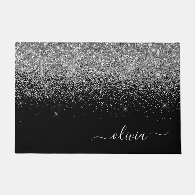 Silver Black Glitter Script Monogram Girly Name Doormat (Front)