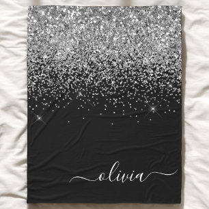 Silver Black Glitter Script Monogram Girly Name Fleece Blanket