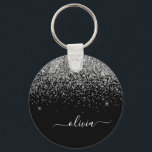 Silver Black Glitter Script Monogram Girly Name Key Ring<br><div class="desc">Black and Silver Sparkle Glitter Script Monogram Name Keychains (Key Chain). This makes the perfect sweet 16 birthday,  wedding,  bridal shower,  anniversary,  baby shower or bachelorette party gift for someone that loves glam luxury and chic styles.</div>