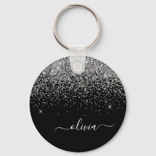 Silver Black Glitter Script Monogram Girly Name Key Ring