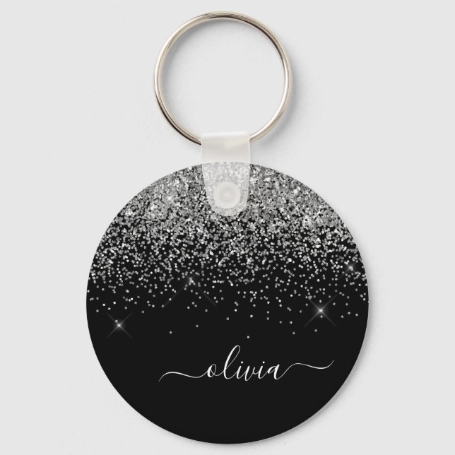 Silver Black Glitter Script Monogram Girly Name Key Ring (Front)