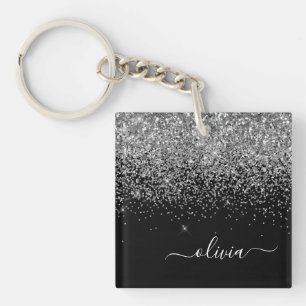 Silver Black Glitter Script Monogram Girly Name Key Ring