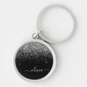 Silver Black Glitter Script Monogram Girly Name Key Ring