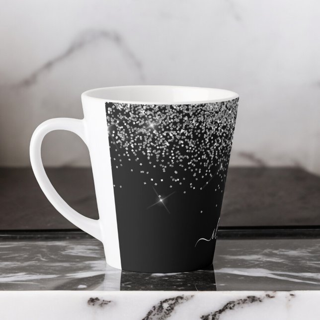 Silver Black Glitter Script Monogram Girly Name Latte Mug (Creator Uploaded)