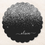 Silver Black Glitter Script Monogram Girly Name Paper Coaster<br><div class="desc">Black and Silver Sparkle Glitter Script Monogram Name Paper Coasters. This makes the perfect graduation,  birthday,  wedding,  bridal shower,  anniversary,  baby shower or bachelorette party gift for someone that loves glam luxury and chic styles.</div>
