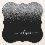 Silver Black Glitter Script Monogram Girly Name Paper Coaster<br><div class="desc">Black and Silver Sparkle Glitter Script Monogram Name Paper Coasters. This makes the perfect graduation,  birthday,  wedding,  bridal shower,  anniversary,  baby shower or bachelorette party gift for someone that loves glam luxury and chic styles.</div>