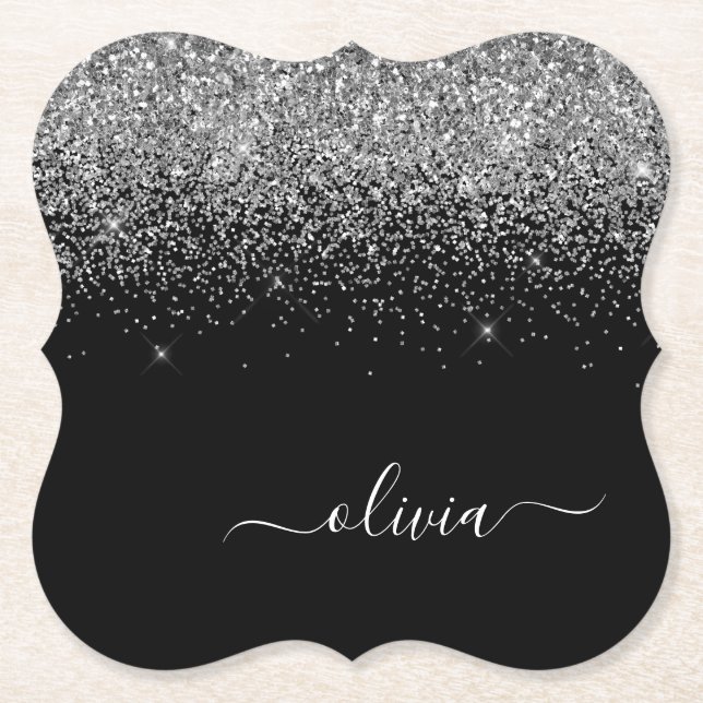 Silver Black Glitter Script Monogram Girly Name Paper Coaster (Front)