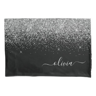 Silver Black Glitter Script Monogram Girly Name Pillowcase
