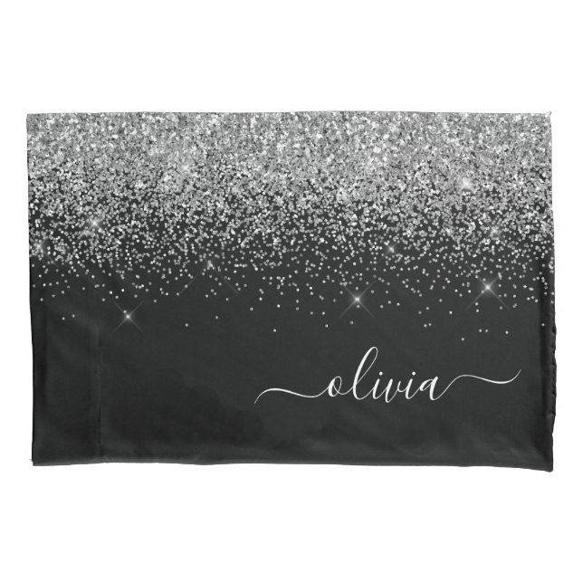 Silver Black Glitter Script Monogram Girly Name Pillowcase (Front)