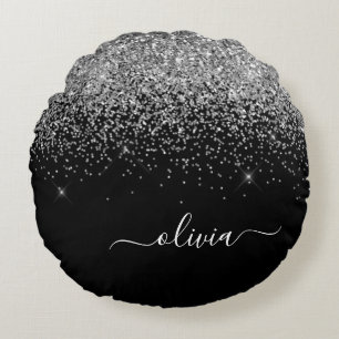 Silver Black Glitter Script Monogram Girly Name Round Cushion
