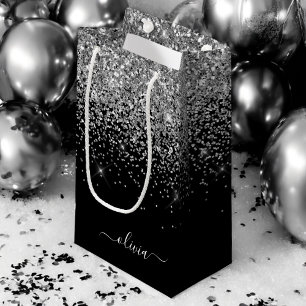 Silver Black Glitter Script Monogram Girly Name Small Gift Bag