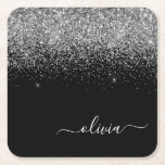 Silver Black Glitter Script Monogram Girly Name Square Paper Coaster<br><div class="desc">Black and Silver Sparkle Glitter Script Monogram Name Paper Coasters. This makes the perfect graduation,  birthday,  wedding,  bridal shower,  anniversary,  baby shower or bachelorette party gift for someone that loves glam luxury and chic styles.</div>