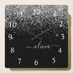 Silver Black Glitter Script Monogram Girly Name Square Wall Clock