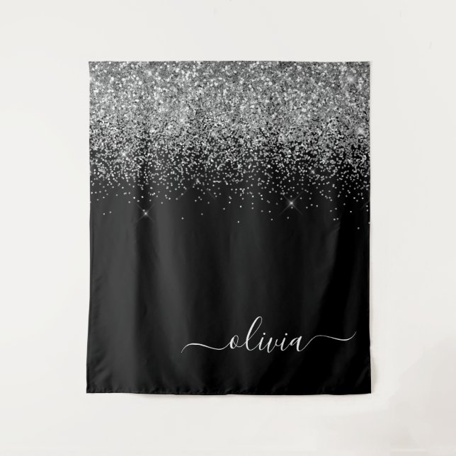 Silver Black Glitter Script Monogram Girly Name Tapestry (Front)