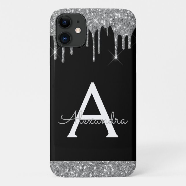Silver Black Glitter Sparkle Elegant Monogram Case-Mate iPhone Case (Back)