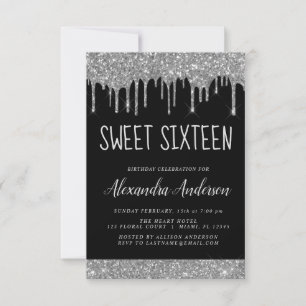 Silver Black Glitter Sparkle Elegant Sweet 16 Invitation